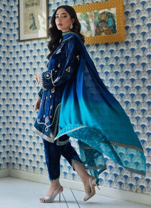 Farah Talib Aziz Velvet Revolt By Lujain Navy Shirt And Dupatta - Image 3