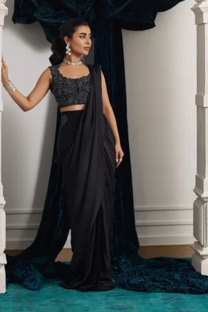 Farah Talib Aziz Velvet Marli Onyx Saree And Velvet Blouse