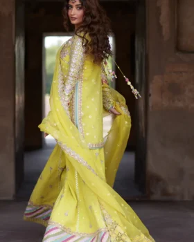 Product Description: Bodice  Gotta  Embroidered  Bodice (Front & Back)  Embroidered  Lace (Neckline, Front & Back) (Hand Made) Gotta  Embroidered Neckline ( Back )  Embroidered Lace (Back) Gotta  Embroidered  Border  (Sleeves) (Hand Made) Gotta Embroidered Sleeves Lehenga  Gotta  Embroidered  kalli Fabric (Front & Back)  Gotta  Embroidered  Lace For kalli Gottta Embroidered  Border (Front) Hand Made  Gottta Embroidered  Border (Back)  Plain Raw Silk Slip  Digital Printed Patch (Neckline & Lehenga) Dupatta  Block Printed (Silk) Gotta  Embroidered  Dupatta Four Side Border  Fabric Details  Bodice = Raw Silk  Dupatta   = Tissue Silk Lehenga = Net  Slip        = Raw Silk Shop By Designer: Qalamkar  Shop By Category: Shadmani Luxury Formals Delivery Time: 3 to 5 Working Days Related Products: | Raniya SH-02 | Nurah SH-07 | Alya SH-04